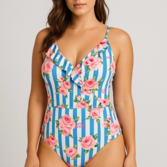 Betsey Johnson Blue Stripe Floral One Piece bathing Suit with Ruffle Trim - Picture 5 of 5
